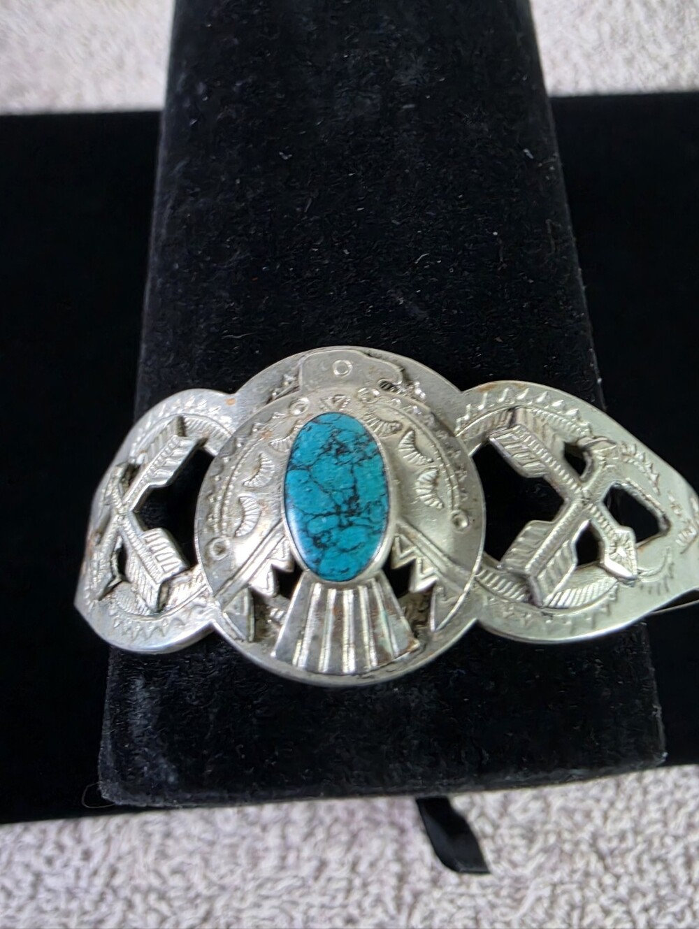 Vintage Nickel Silver Turquoise Statement Cuff Bracelet - Turquoise - Picture 5 of 10
